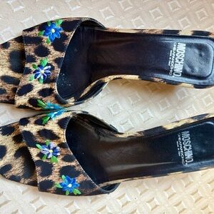 Moschino Leopard Print Heels with Blue and Green Floral Accents